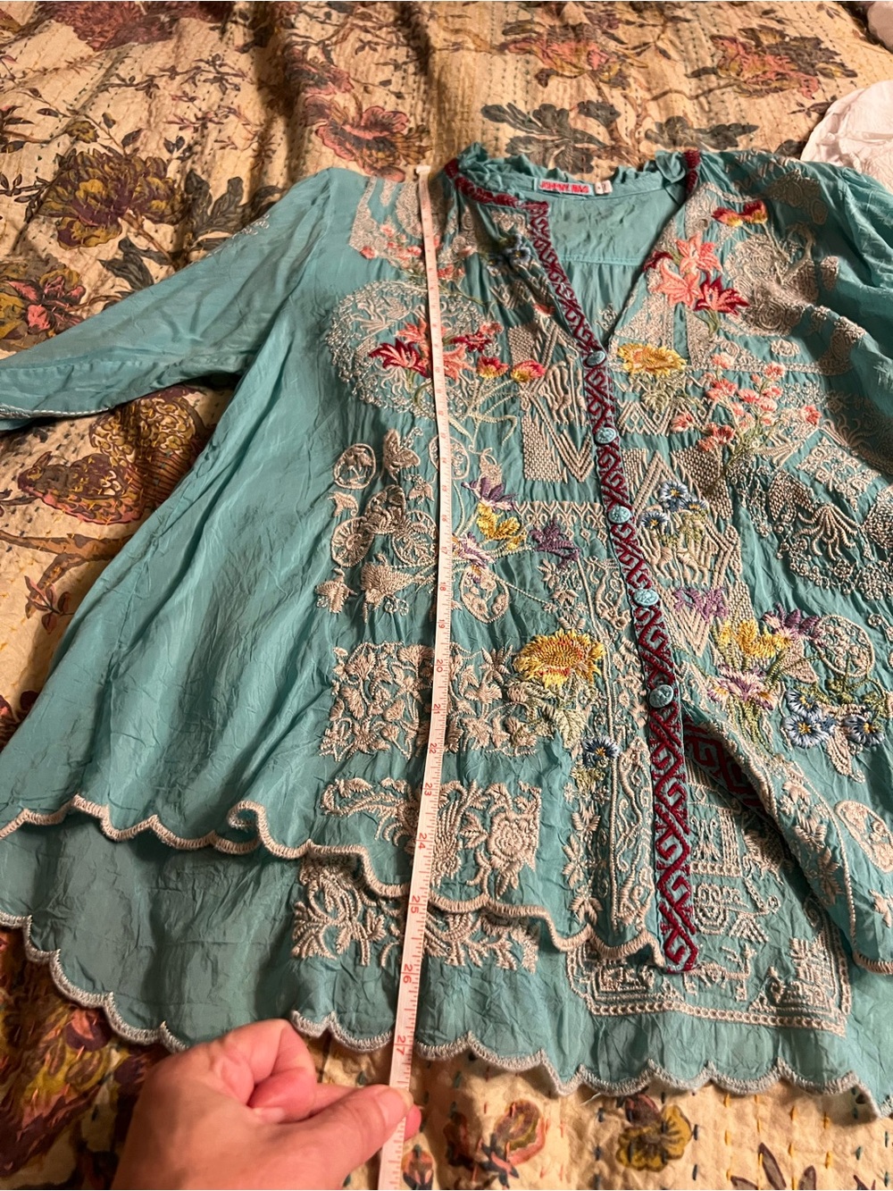 Johnny Was Embroidered silk Turquoise Floral Button-Front Women's Top - Picture 14 of 16